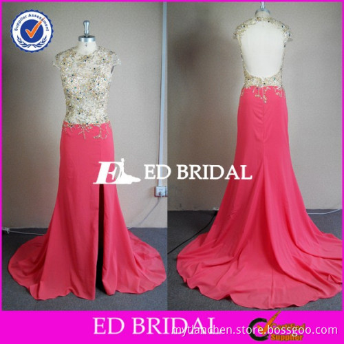 EP206 2015 New Style Sexy Open Back Heavy Beaded Cap Sleeve High Front Slit Prom Dress